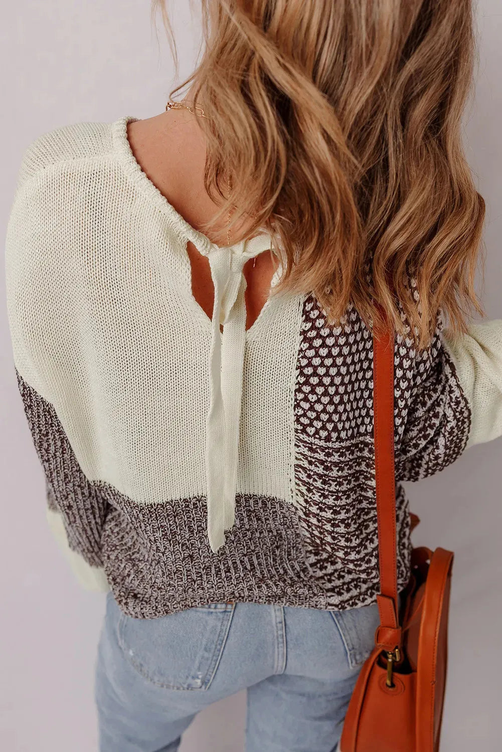 Dark khaki colour block sweater with back tie detail and drop shoulder design