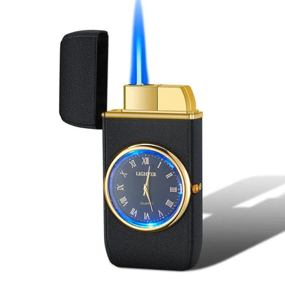 Electronic watch cigarette lighter with LED lamp in metal body showing five finish options