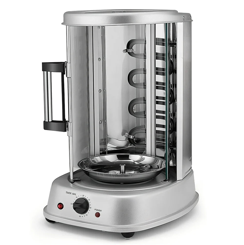 Black electric indoor rotisserie oven with 334x282x446mm dimensions and 21L cooking capacity