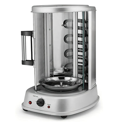 Black electric indoor rotisserie oven with 334x282x446mm dimensions and 21L cooking capacity