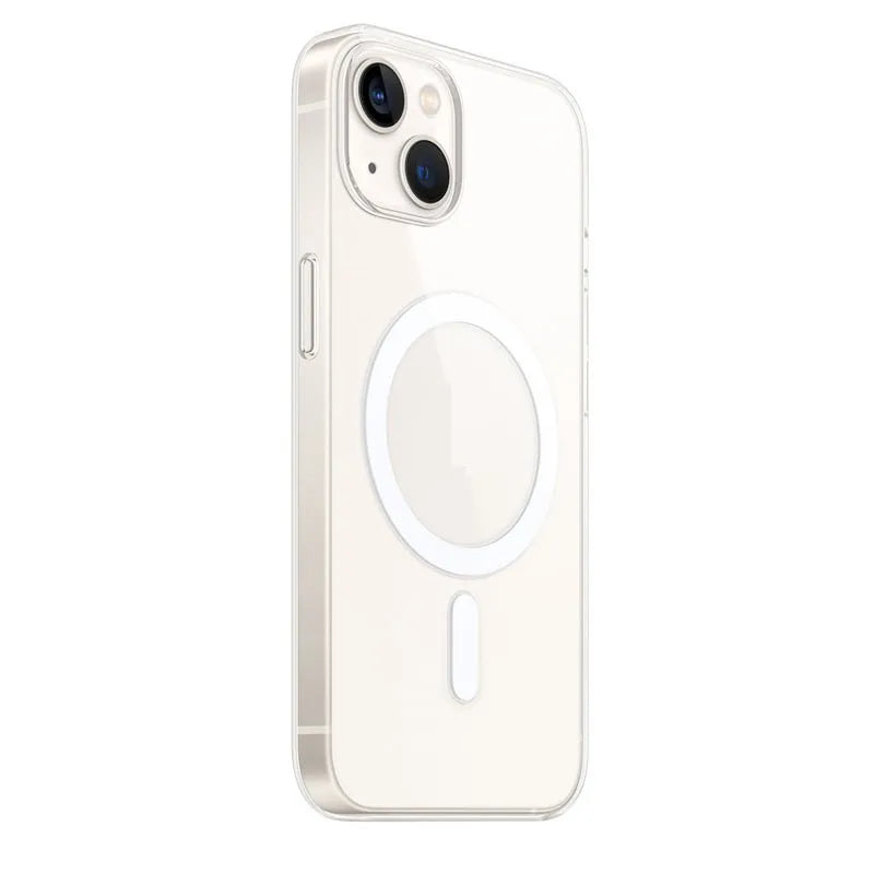Transparent magnetic phone case for iPhone showing integrated MagSafe ring and 0.8mm thin profile