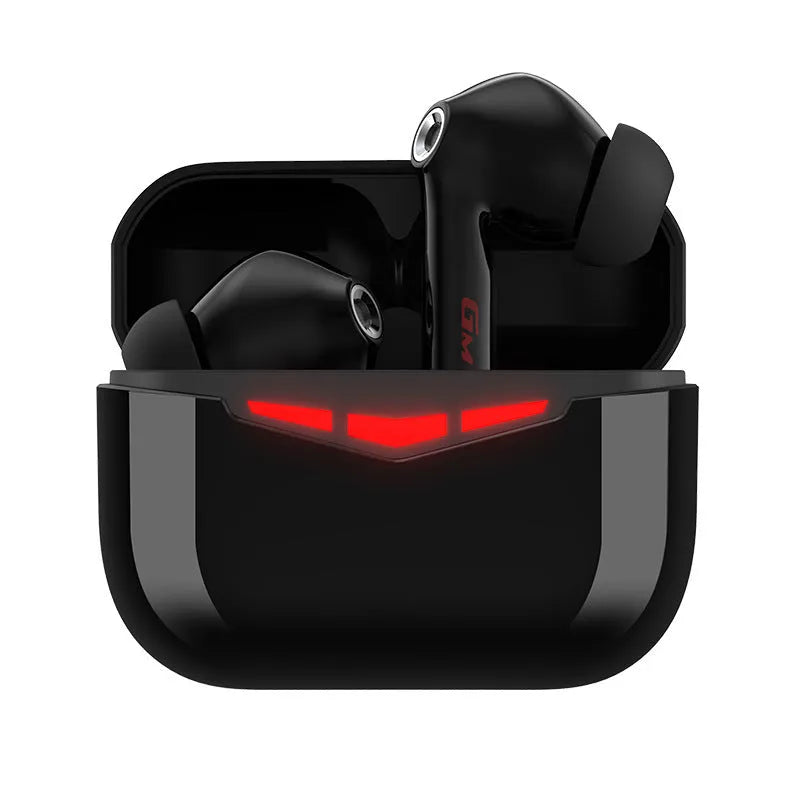 True wireless gaming Bluetooth headset with black earpieces, charging case, and three sizes of silicone earmuffs displayed