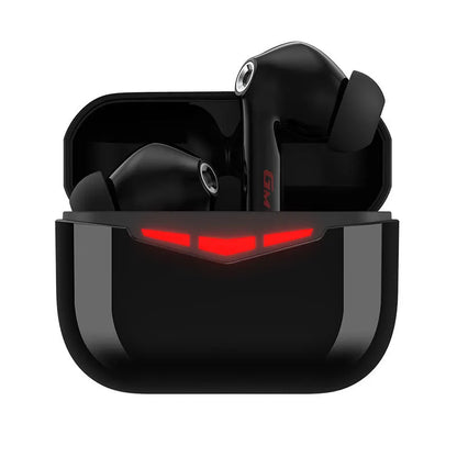 True wireless gaming Bluetooth headset with black earpieces, charging case, and three sizes of silicone earmuffs displayed