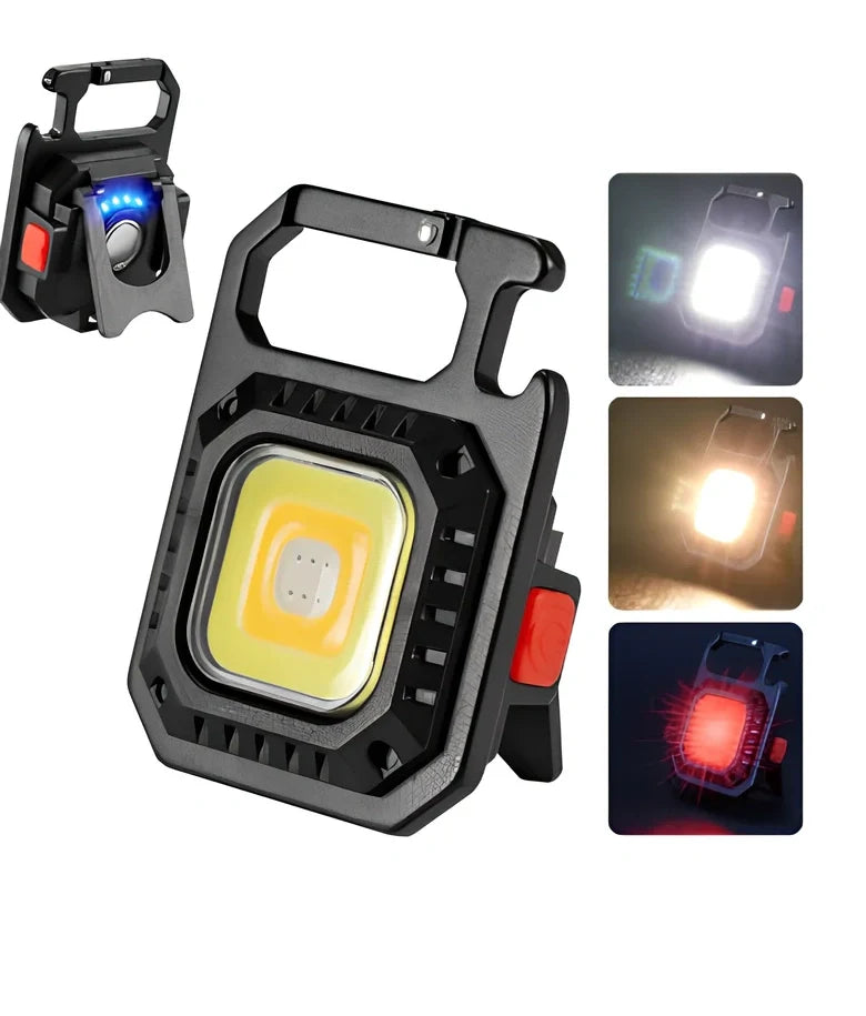 Black portable LED torch showing magnet, bottle opener, and multiple light modes with 500lm brightness