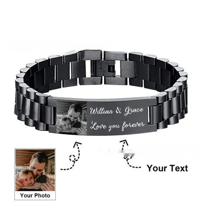 Curved heart-shaped titanium steel bracelet with electroplated lettering, presented in gift box.