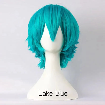 Short black anime-style cosplay wig for men with a lengthened hair tail, made from synthetic fibre.