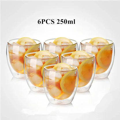 Clear double-layer glass coffee cup with Chinese-style design showing insulating air gap between walls