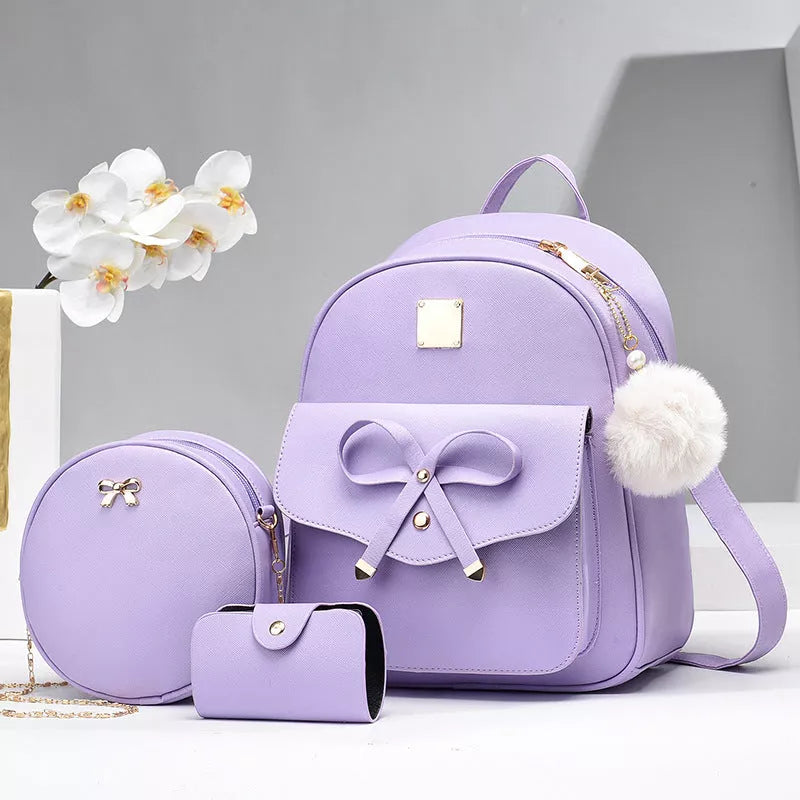 Women's PU Bow Composite Bag Set in pink, purple, white, gray, and black