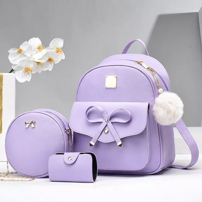 Women's PU Bow Composite Bag Set in pink, purple, white, gray, and black