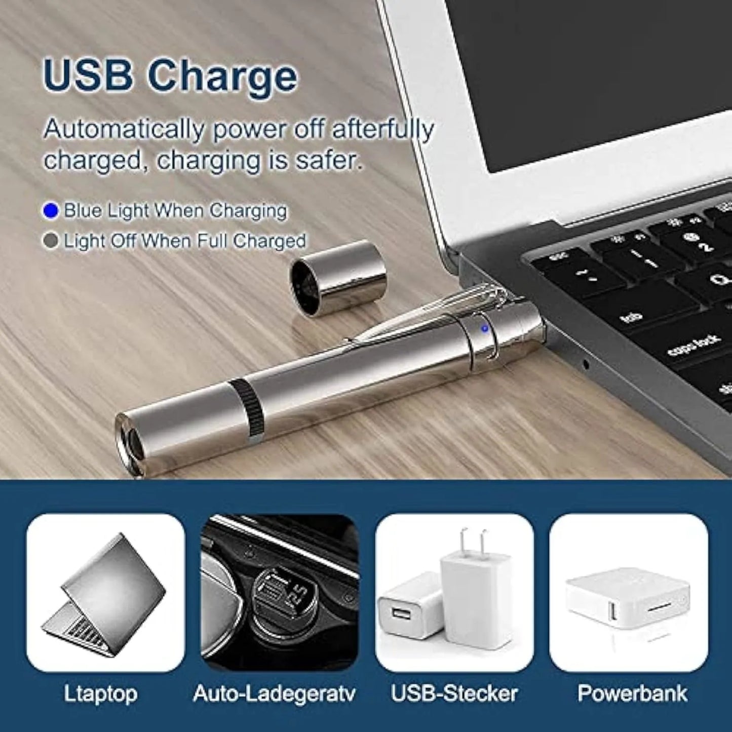 Silver aluminium cat laser toy pointer with metal clip, showing red light projection.
