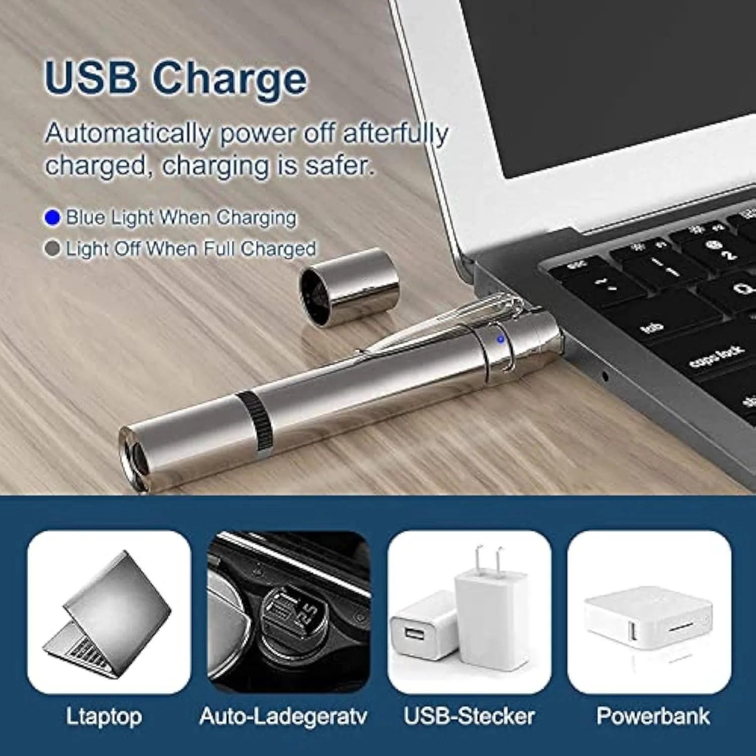 Silver aluminium cat laser toy pointer with metal clip, showing red light projection.
