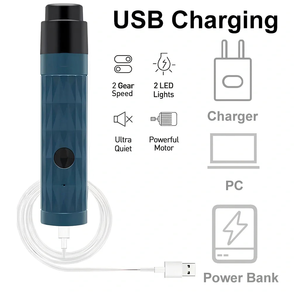 Blue electric pet nail polisher with LED light showing ergonomic grip and grinding head