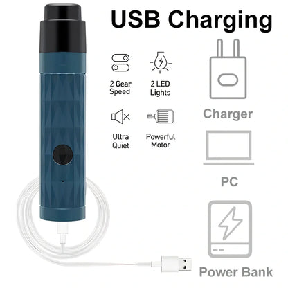 Blue electric pet nail polisher with LED light showing ergonomic grip and grinding head