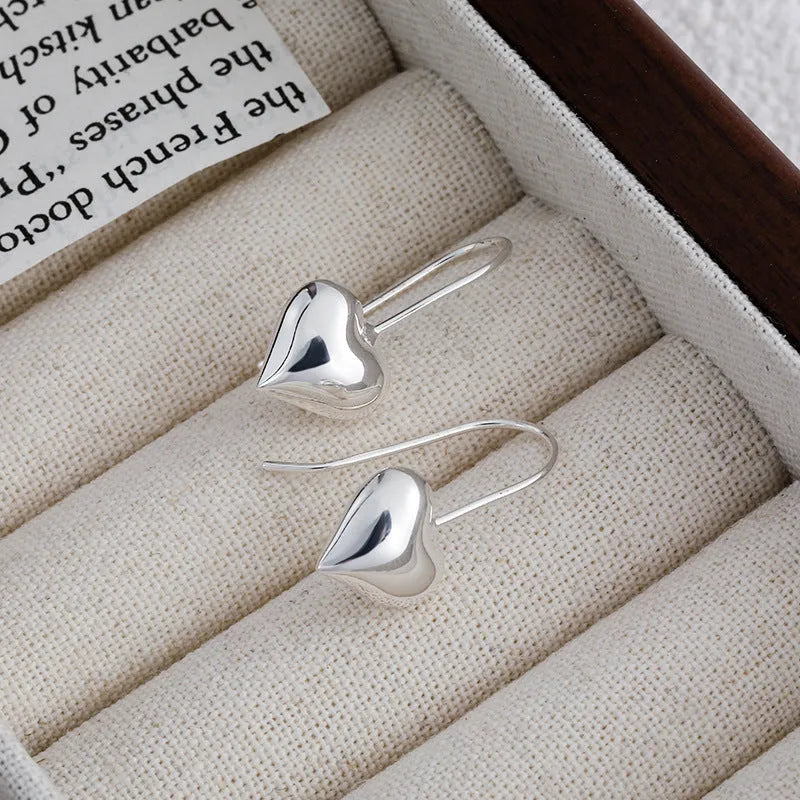 Heart-shaped copper earrings with glossy finish and ear hooks, Korean style design with love elements