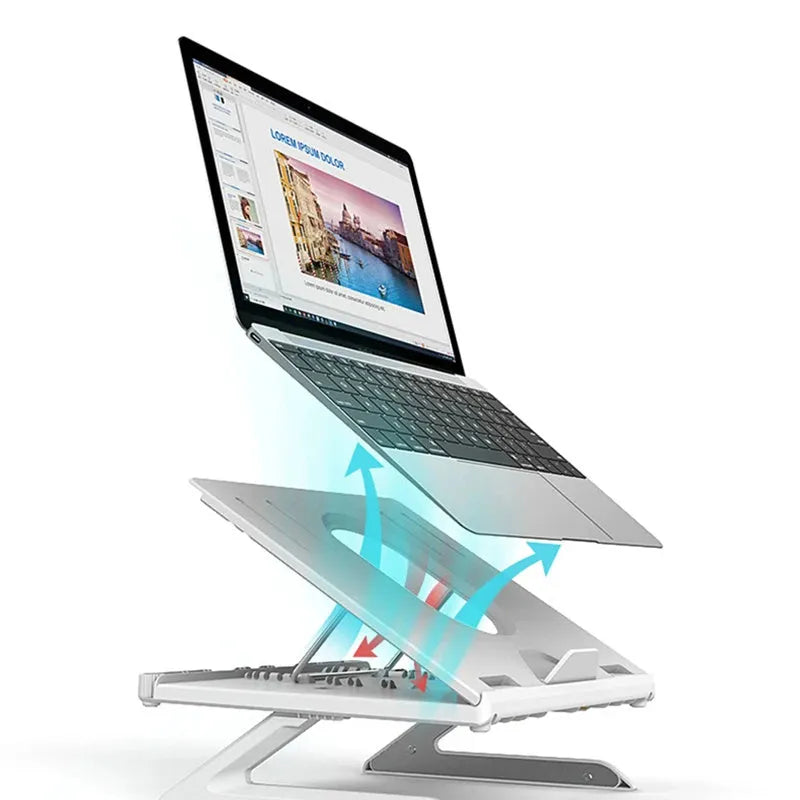 Foldable aluminium laptop stand in black or white, 280 x 280 x 25.5mm, with 9 adjustable angles and cooling slot.
