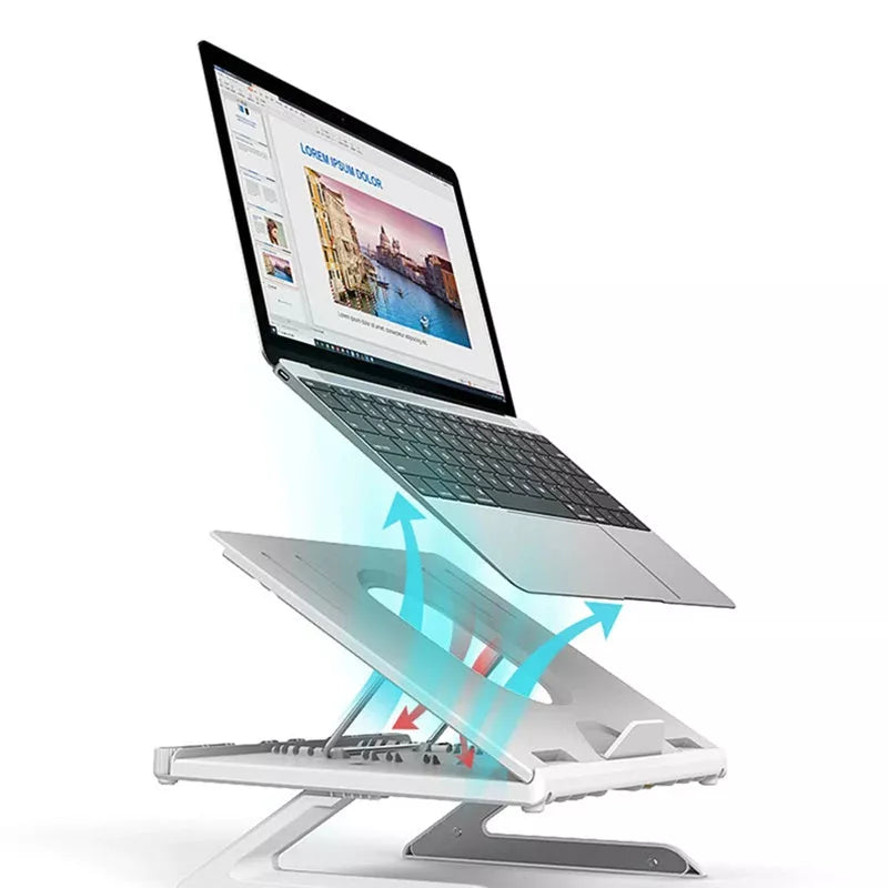 Adjustable aluminum alloy laptop stand with cooling feature and phone holders