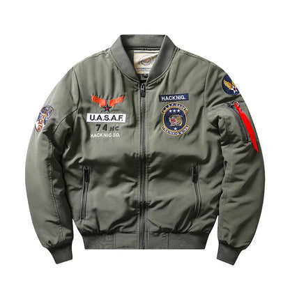 Men's retro embroidery cotton-padded coat with stand collar and patch pockets in blue colour
