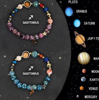 Twelve Zodiac Sign Beaded Bracelet Set with natural stone beads and adjustable 18-22cm length on a wrist