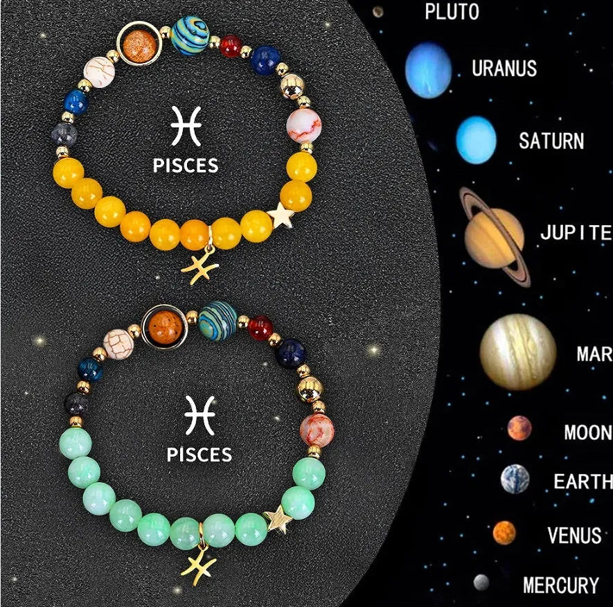 Two natural stone beaded bracelets with zodiac signs on adjustable cords, 8mm beads