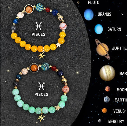 Two natural stone beaded bracelets with zodiac signs on adjustable cords, 8mm beads