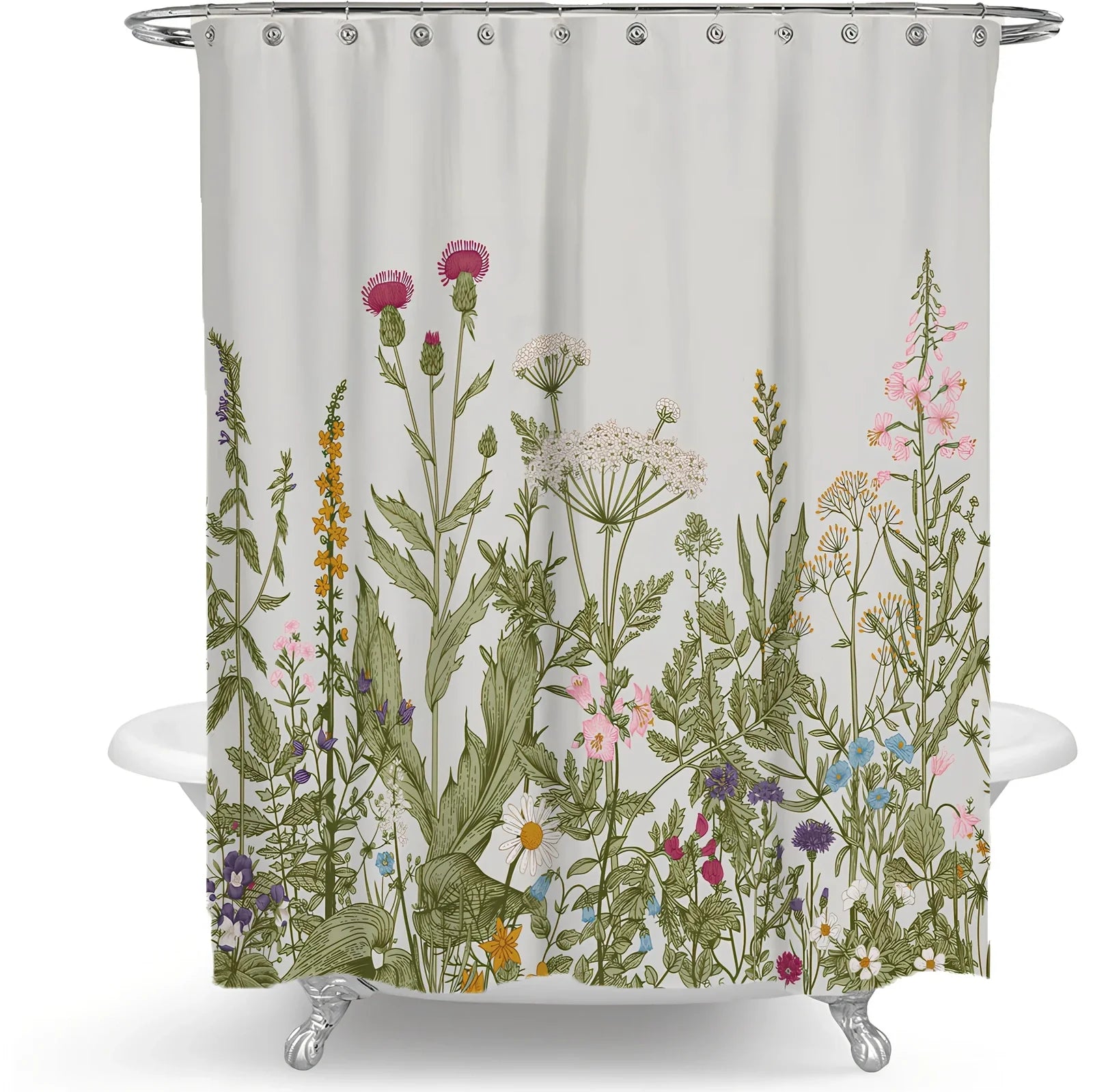 Floral plant shower curtain with Nordic Green Leaf pattern and colourful flowers on polyester fabric