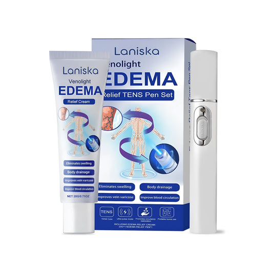 Edema relief massage pen set showing varicose nursing ointment tube and LANISKA applicator pen