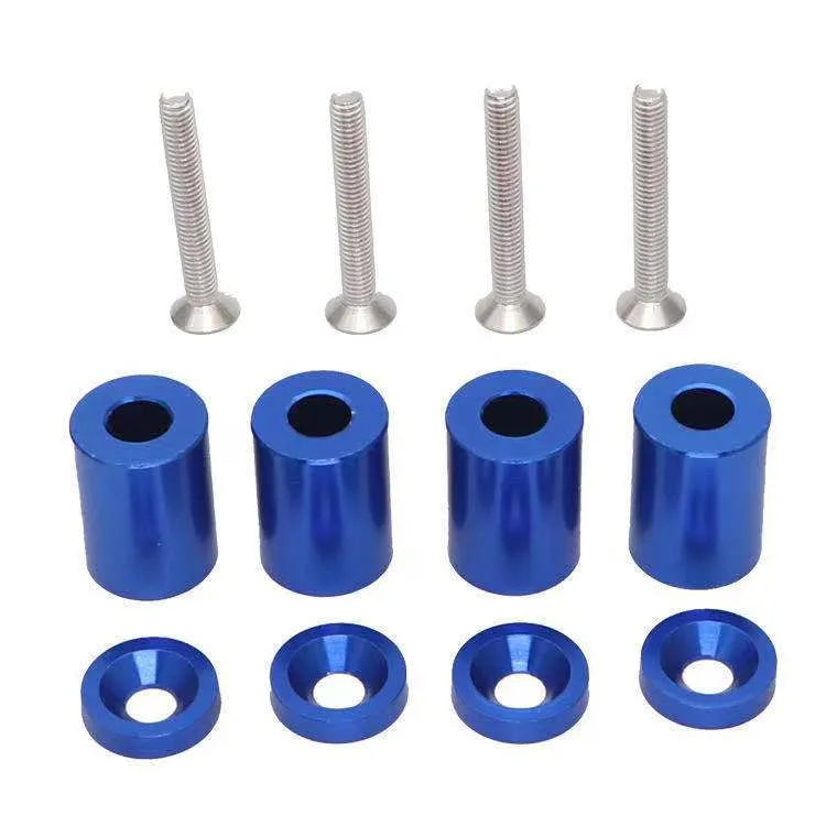 Aluminium alloy machine cover height spacer kit with screws, nuts, washers in red, blue, black.