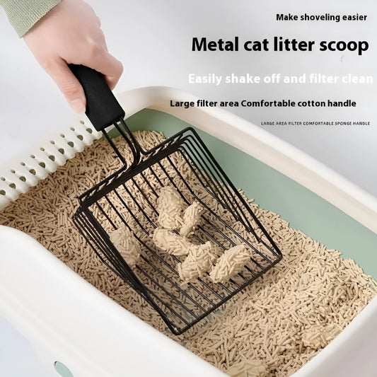 Black metal cat litter scoop with long handle and fine sifting mesh.