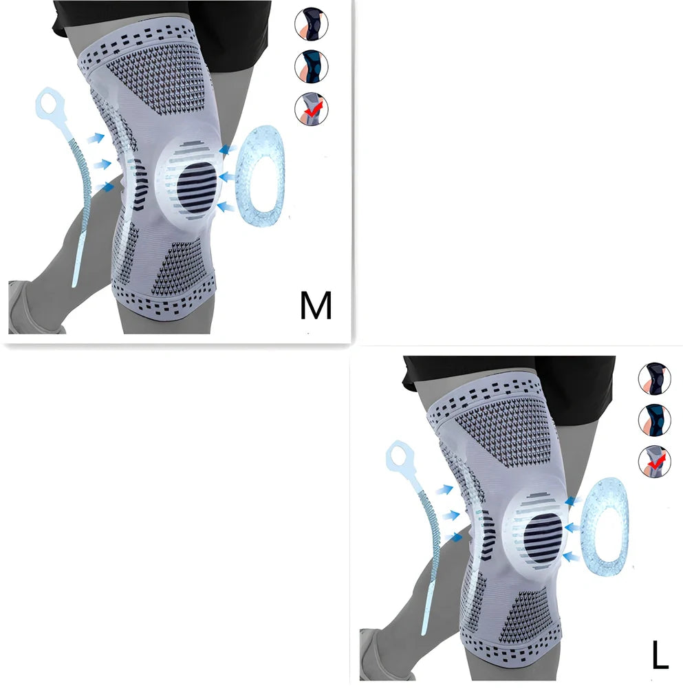 Grey basketball knee pad showing half-moon shape and silicone grip strips for court protection