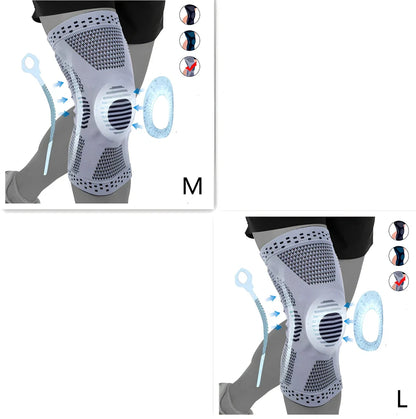 Grey basketball knee pad showing half-moon shape and silicone grip strips for court protection