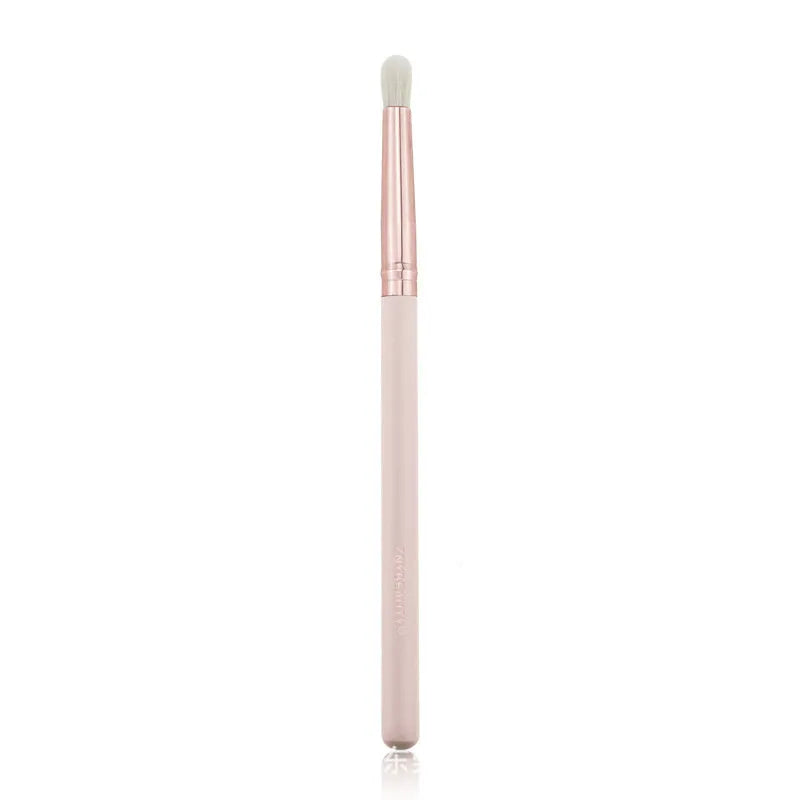 26 pink makeup brushes with wool bristles and wooden handles arranged in a PU zip bag.