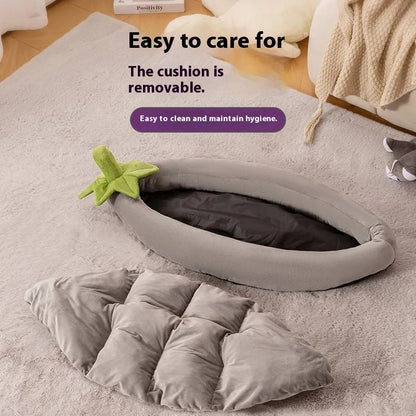 Dog mat with removable cloth cover in brown, gray, orange, or purple, showing size options for small to large dogs.