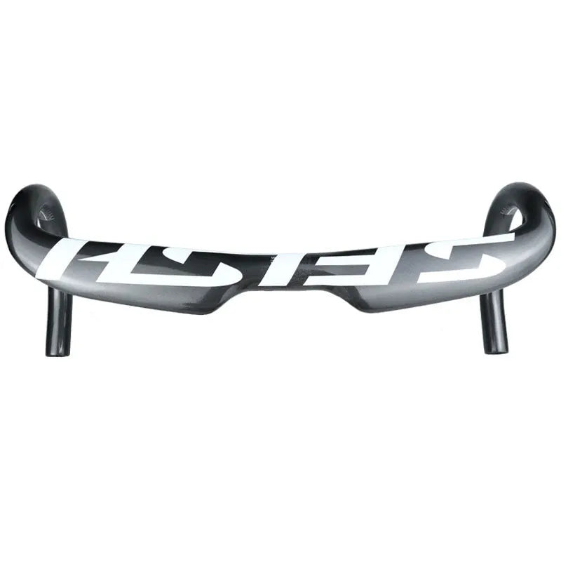 Carbon fibre road bicycle handlebar with ergonomic bent shape, shown in a choice of finishes.