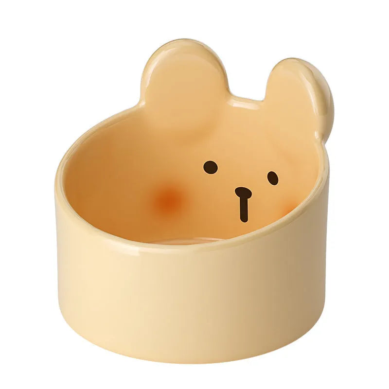 Ceramic pet feeding bowls with neck protection in white and brown animal designs