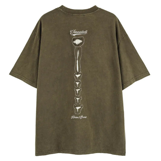 Brown skull design short sleeve pullover with drop shoulders and letter pattern on cotton fabric