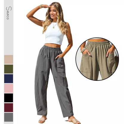 Women's cotton casual pants in straight-leg design, available in multiple colors