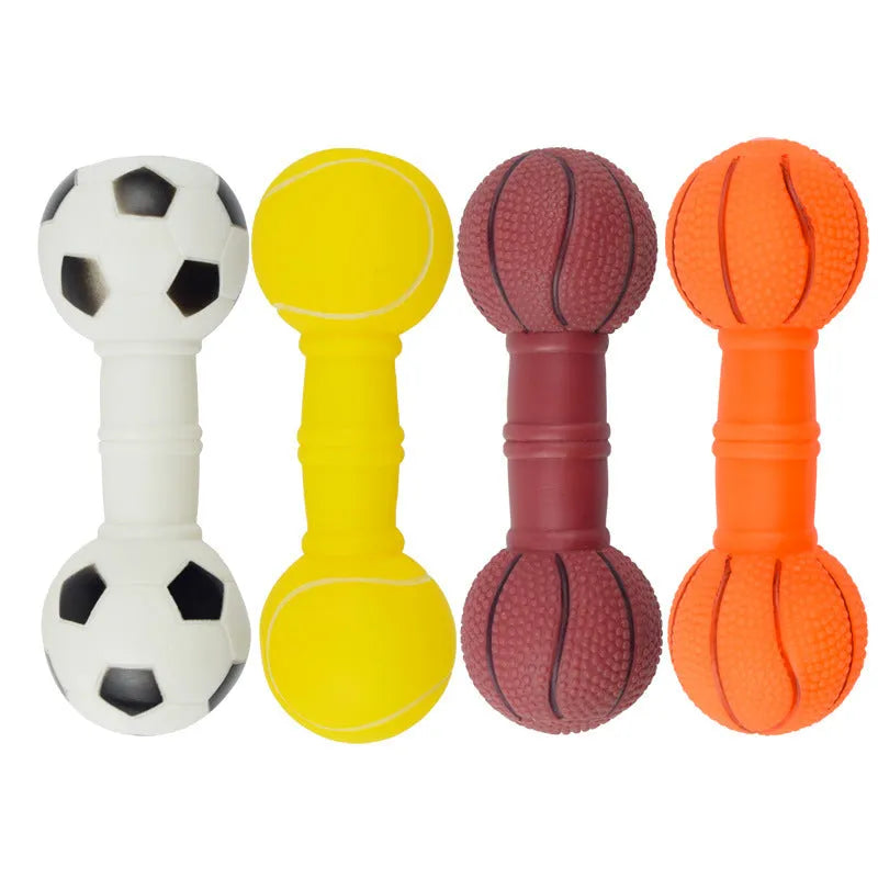 Brown, orange, white, and yellow PVC football dumbbell squeaky dog chew toy.