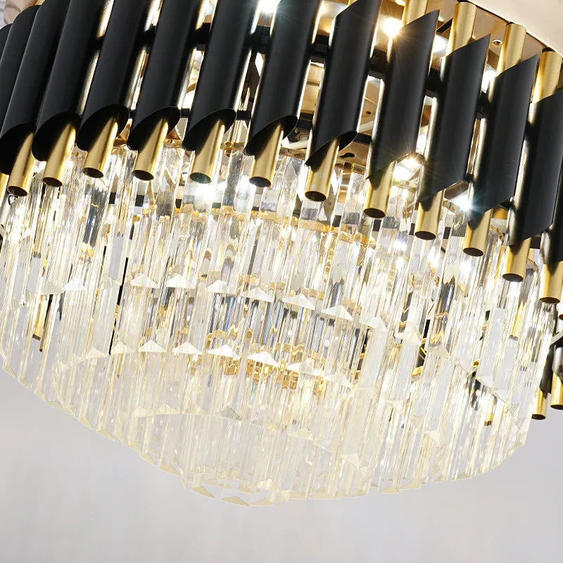 Crystal lampshade LED ceiling fan light with remote control on a white ceiling.