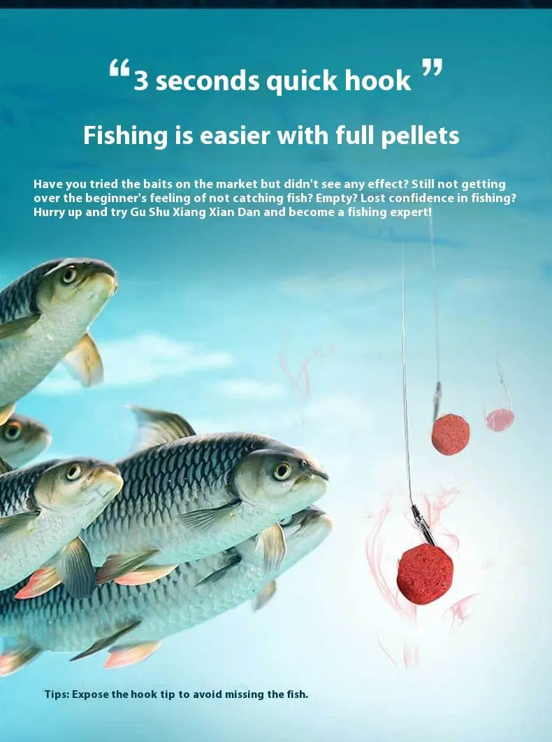 Bottle of grass green lazy particle fishing bait with fresh red pellets for crucian carp