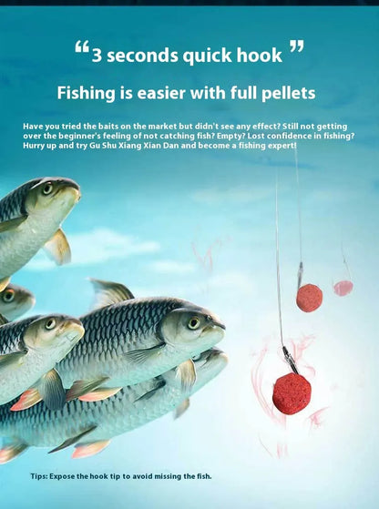 Bottle of grass green lazy particle fishing bait with fresh red pellets for crucian carp
