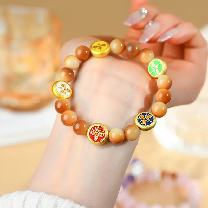 Yellow bodhi seed bracelet with five-direction geometric pattern, adjustable 14-17 inch length