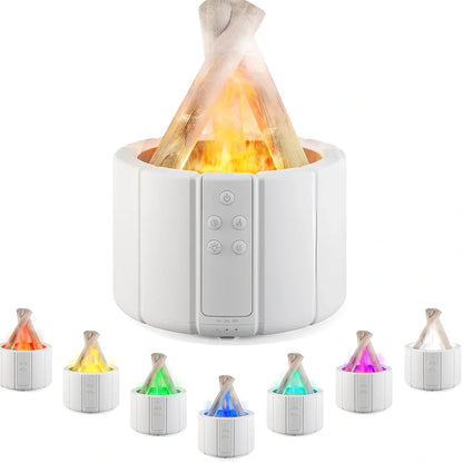 White H9 flame simulation humidifier with 280ml tank on desk, showing ultrasound mist and LED flame effect for aromatherapy