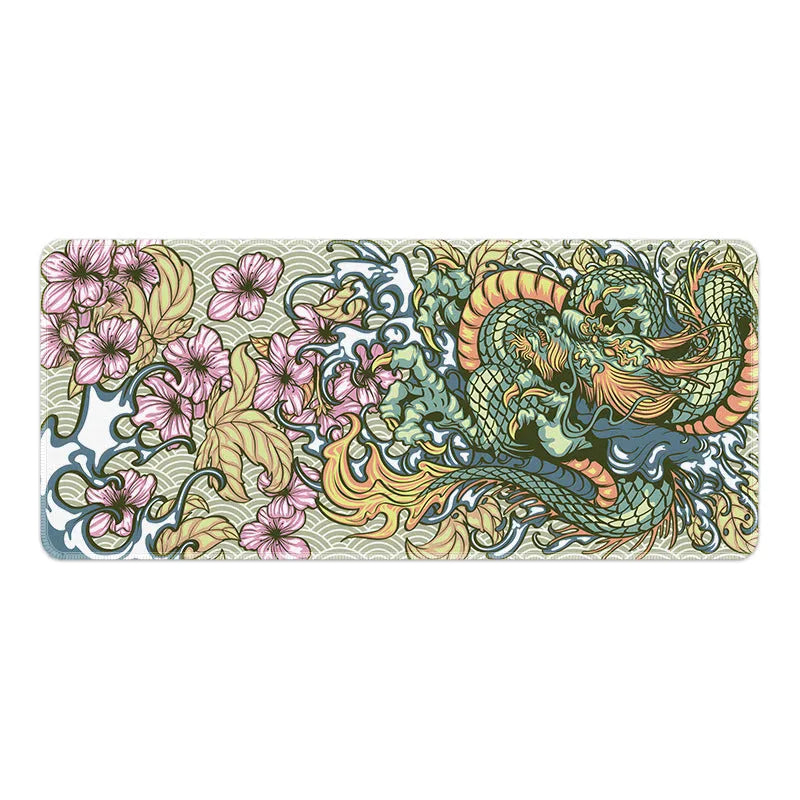 Flower Dragon design cloth mouse pad with non-slip base on a desk, showing size options.