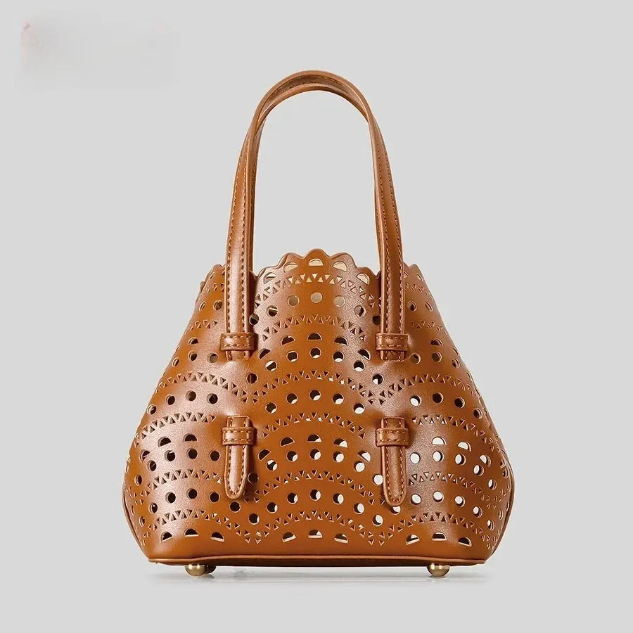 Hollow carved PU messenger tote bag with three straps in horizontal square shape