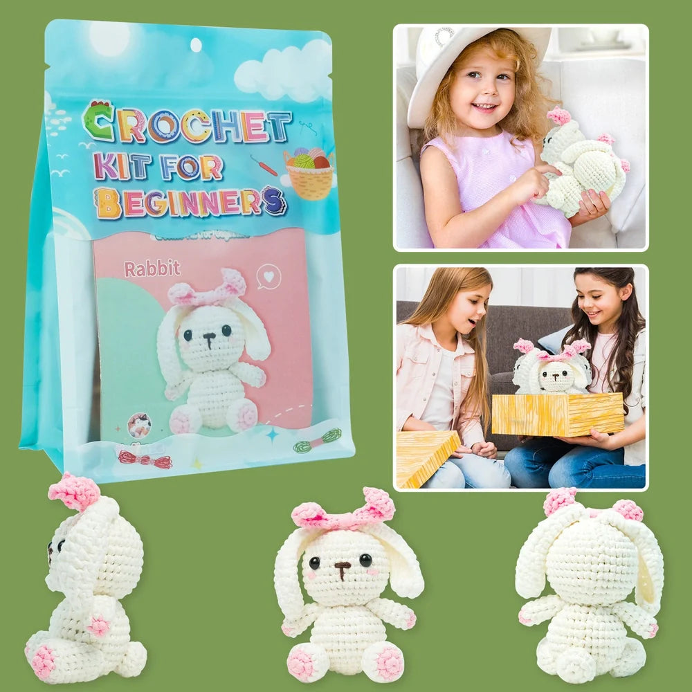 Lop eared rabbit wool DIY crochet doll kit with complete 1-piece wool suit for 15cm tall rabbit creation