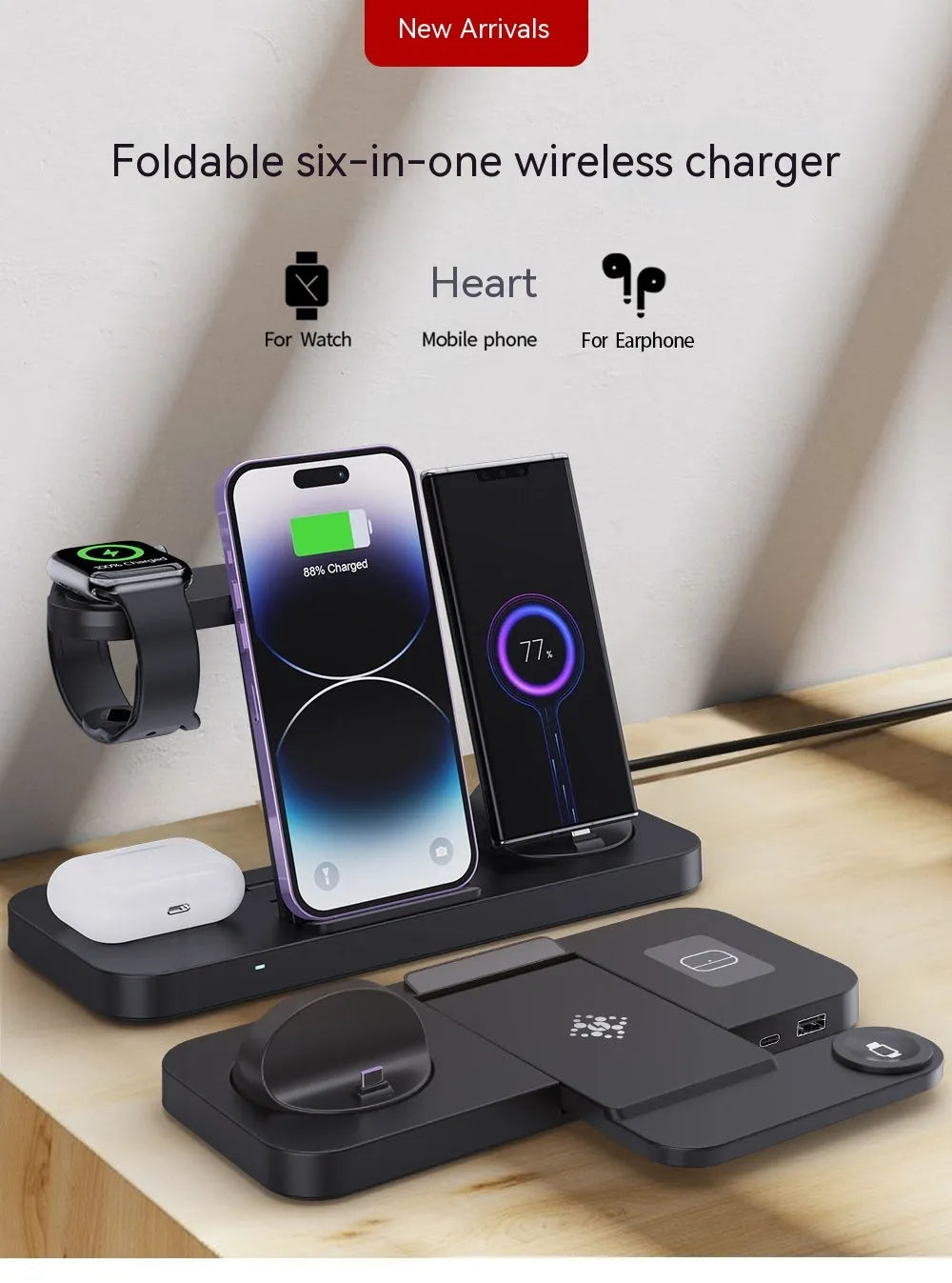 B-21 three-in-one wireless charging station for mobile phone, headset, and smartwatch on a desk.