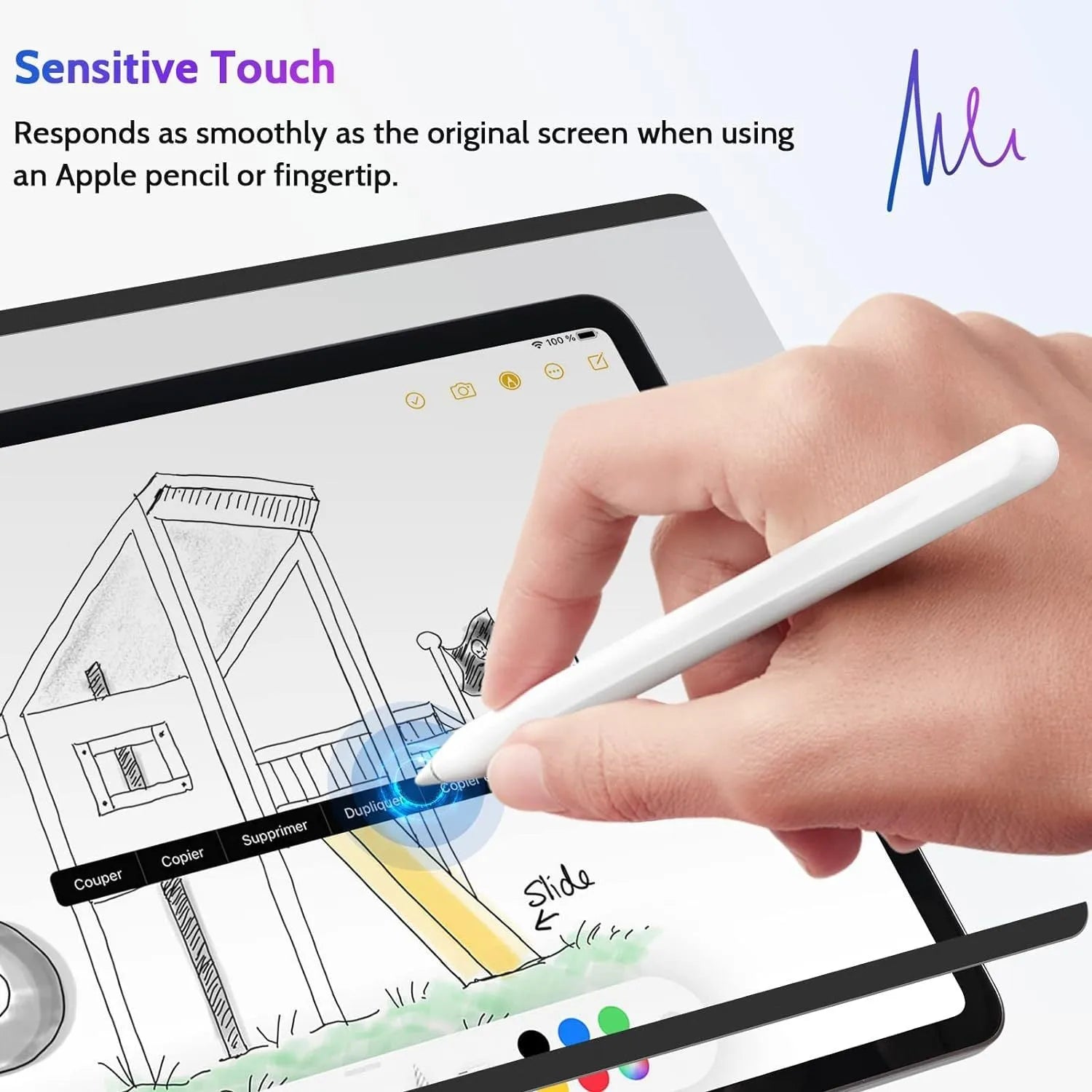 Magnetic suction anti-peeping film for iPad with paper-like texture and storage clip, showing 30-degree privacy angle
