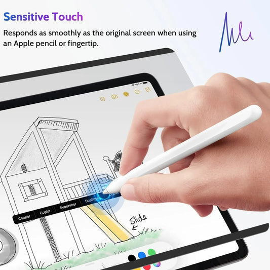 Magnetic suction anti-peeping film for iPad with paper-like texture and storage clip, showing 30-degree privacy angle