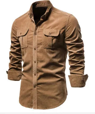 Men's long-sleeve linen shirt in Denim Blue colour, showing button front and sleeve detail