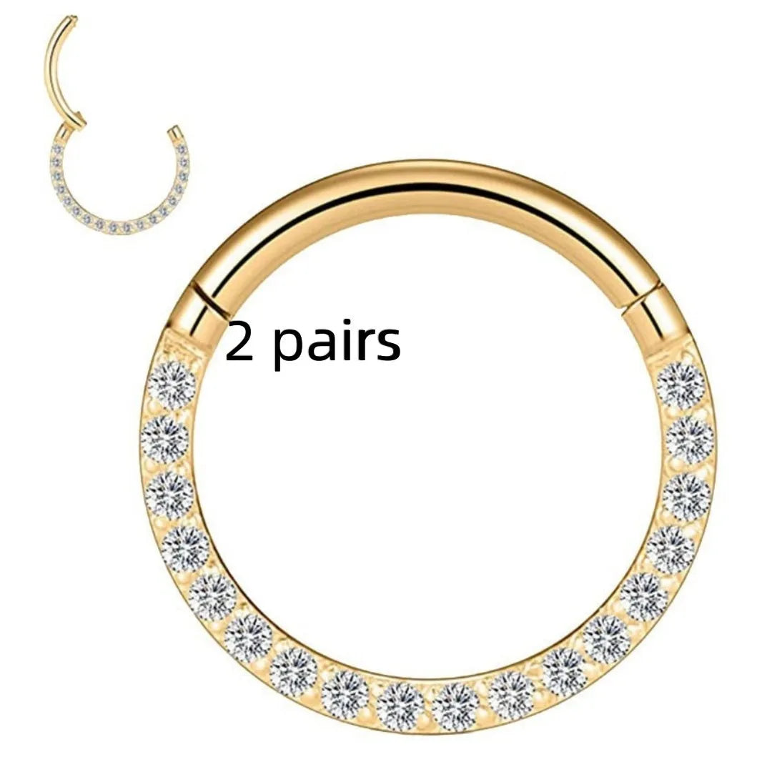 Stainless steel nose ring with diamond accent in seamless round design, showing size options and colour variations